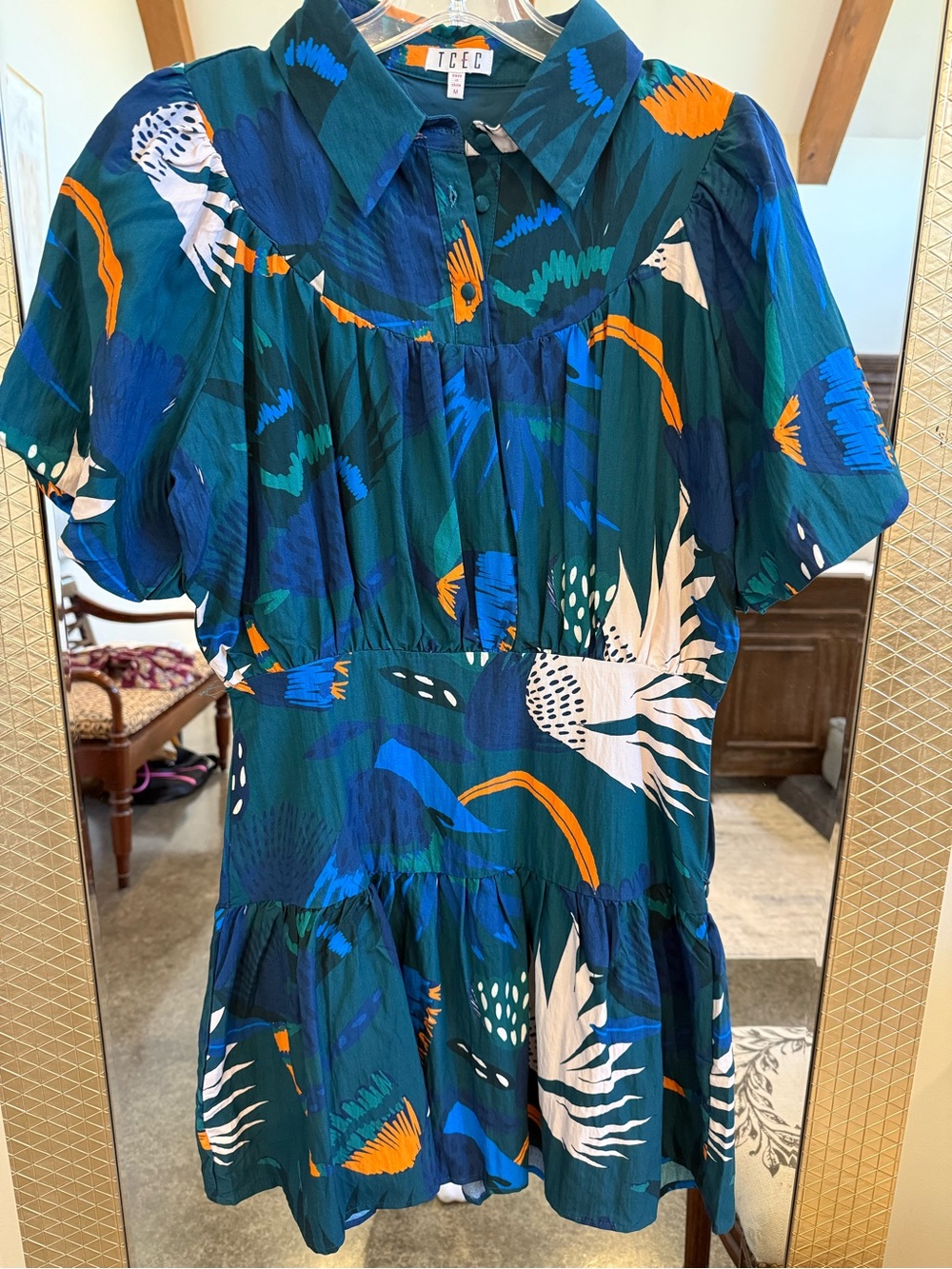 TCEC Teal Short Floral Tiered Mini Dress with Orange & Blue Accents